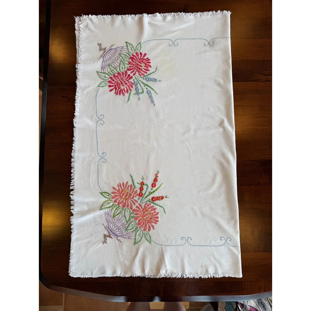 Vintage Embroidered Tablecloth Floral Baskets Fringed 42x50 Cottagecore Folk Art